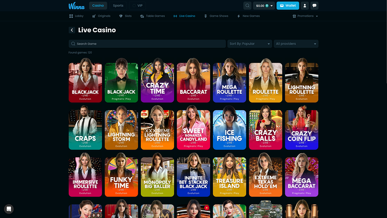 Winna Casino — Live dealer lobby