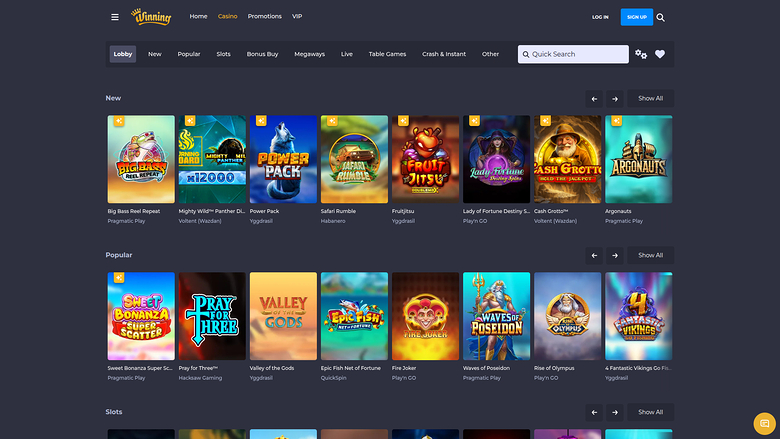 An online casino lobby page shows a top navigation bar, category tabs, a search field, and rows of game tiles labelled New, Popular and Slots.