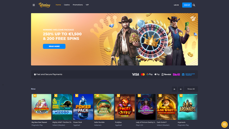 A casino homepage showing a welcome bonus hero banner, a payment methods strip and a row of new game tiles.
