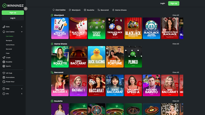 Winningz Casino — Live dealer lobby