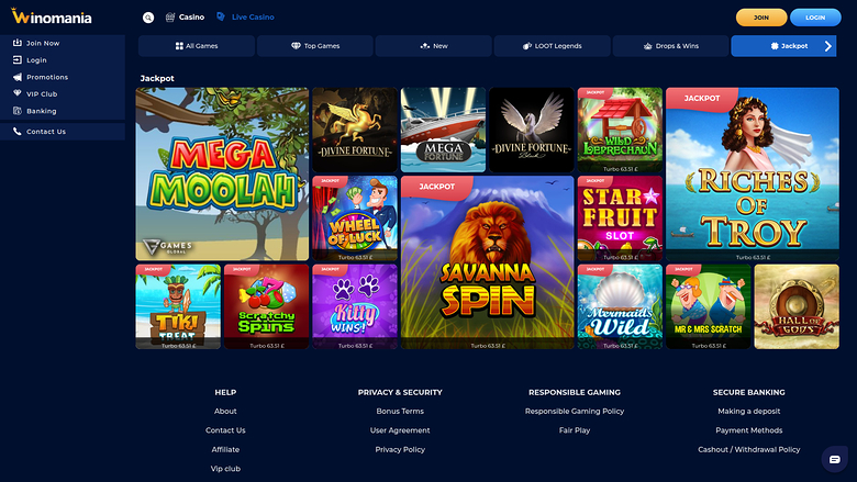 WinOMania Casino — Jackpot games