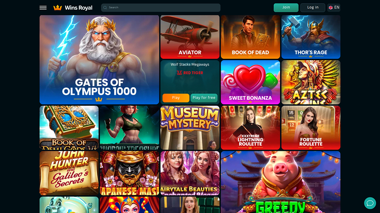 A casino lobby screen for Wins Royal showing a grid of game tiles beneath a top bar with login and join buttons.