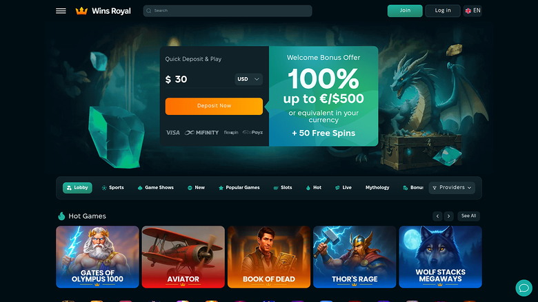 A casino homepage with a welcome bonus hero panel and a row of hot game tiles.
