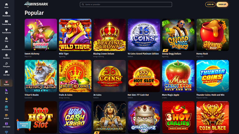 A casino lobby screen titled Popular showing a grid of game tiles under a WinShark header.