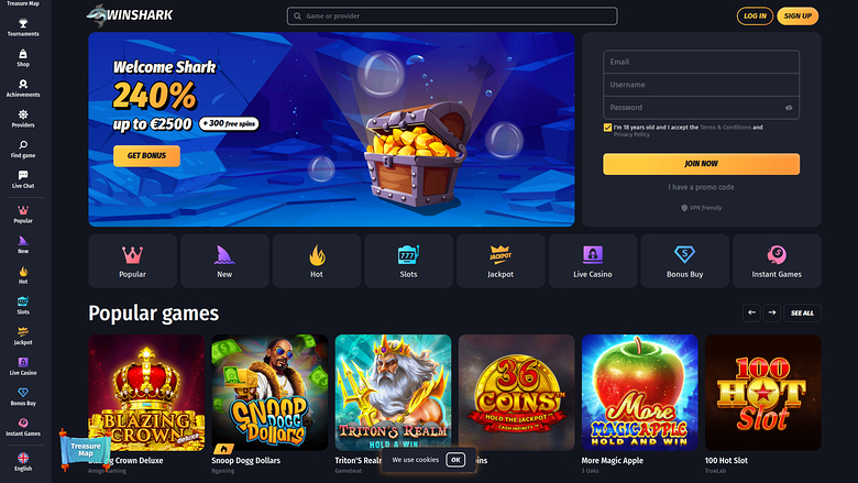 A WinShark online casino homepage showing a welcome bonus hero banner, a registration form, lobby category tabs and a row of popular game tiles.