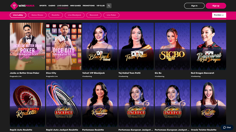 WinsMania — Live dealer lobby