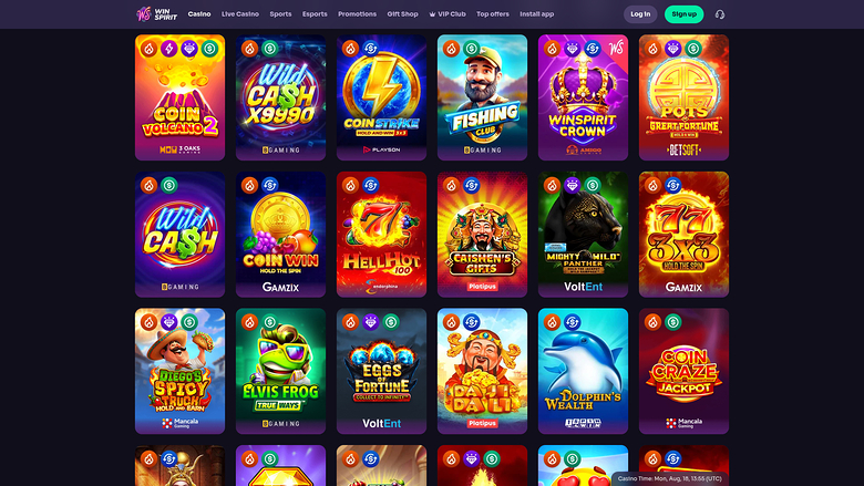 A casino lobby screen showing a grid of colourful game tiles beneath a top navigation bar with login and sign-up buttons.