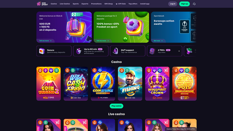 A dark-themed online casino homepage showing promotional banners, trust badges, a Casino game grid and a Live casino row.