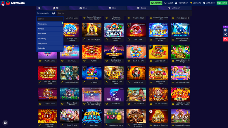 Wintomato Casino — Games by studio