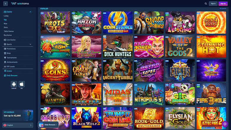 A casino lobby screen on the Wintopia site showing a grid of game tiles under a Popular heading with a left sidebar menu.