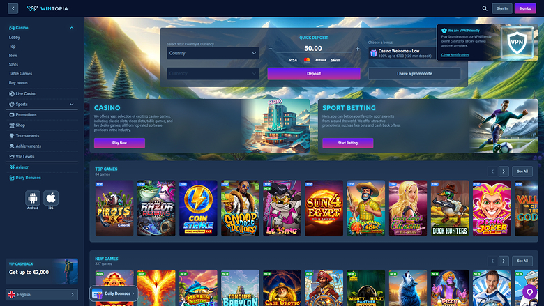 A Wintopia online casino homepage showing a deposit panel, casino and sports betting banners, and rows of game tiles.