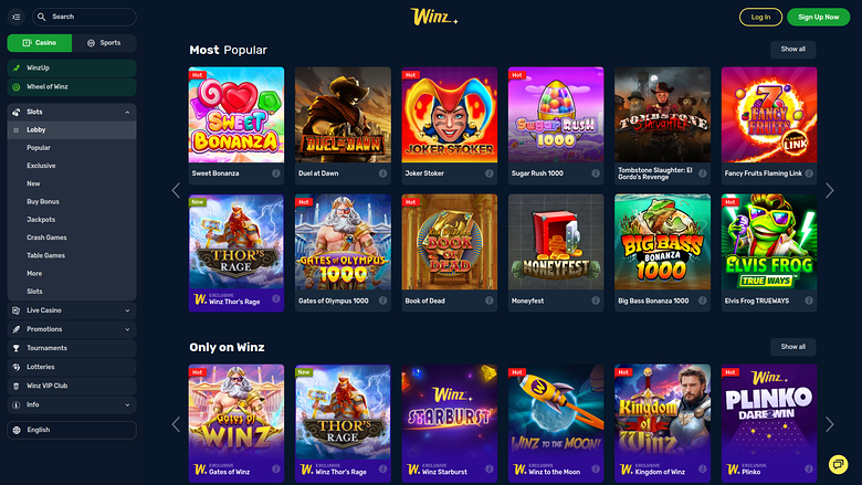 An online casino lobby screen showing game tiles arranged in horizontal rows under 'Most Popular' and 'Only on Winz' headings.