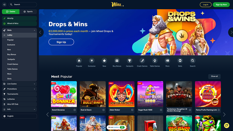 A Winz online casino lobby page showing a 'Drops &amp; Wins' promotional banner and a 'Most Popular' game grid.