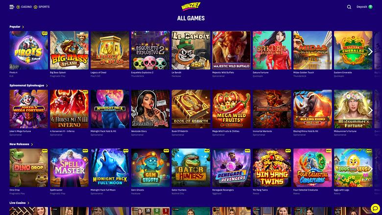 Winzie — Games lobby