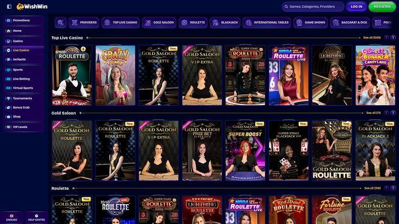 WishWin Casino — Live dealer lobby