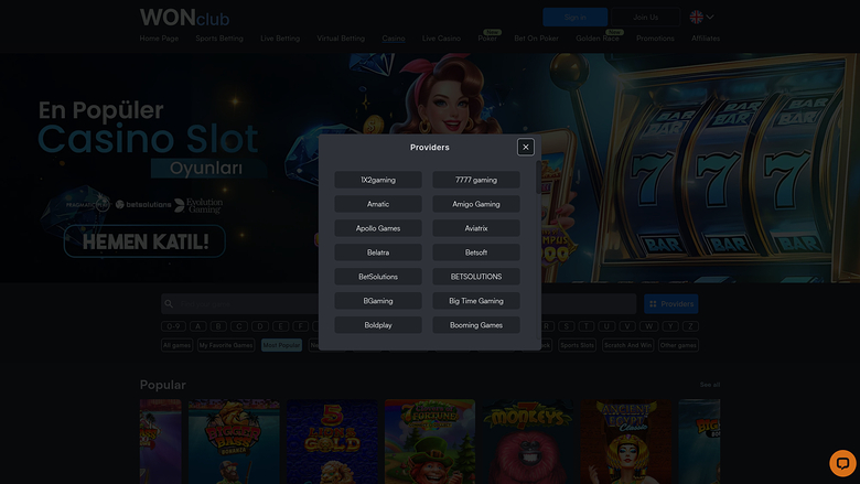 WONClub Casino — Games by studio