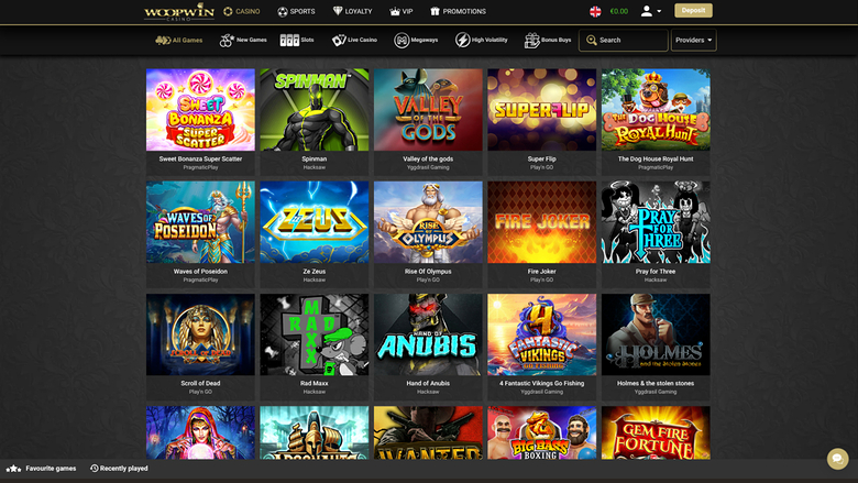 A casino lobby screen showing a grid of game tiles under a top navigation bar with category filters and a search field.