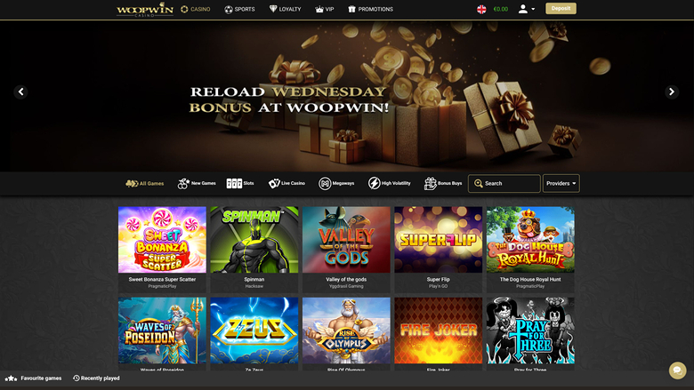 A Woopwin casino lobby screen showing a Reload Wednesday bonus banner above a grid of game tiles and a category filter bar.