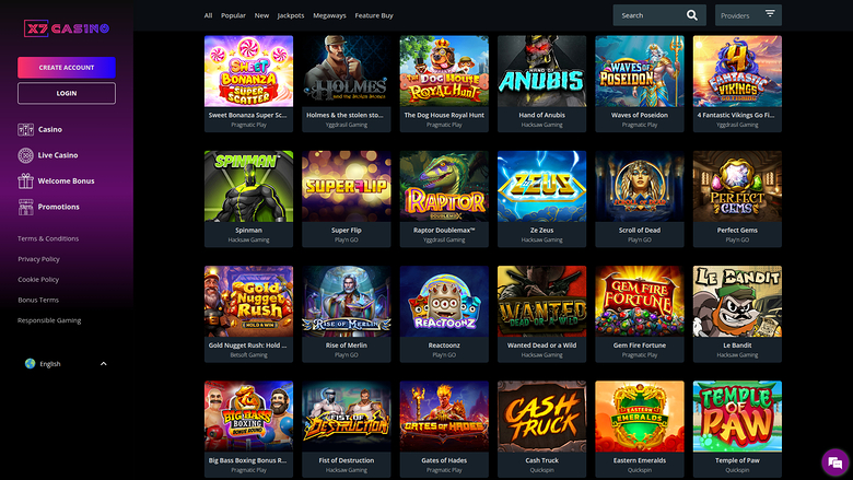 An online casino lobby screen showing a grid of game tiles with a left sidebar menu and top filter bar.