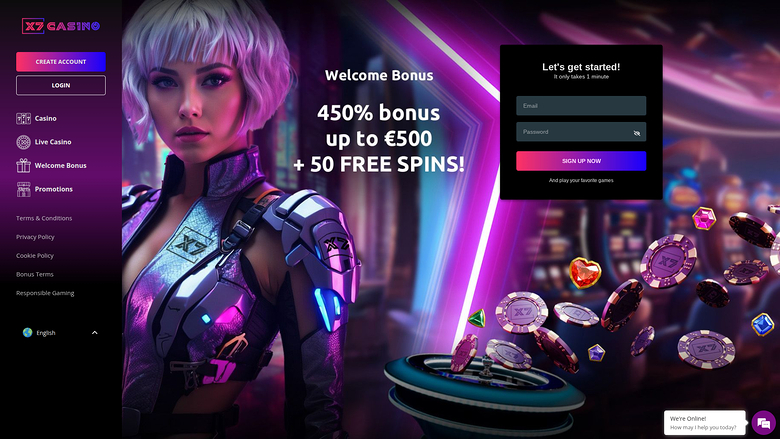 A casino landing page shows a cyberpunk-styled character, a welcome bonus offer, and a sign-up form.