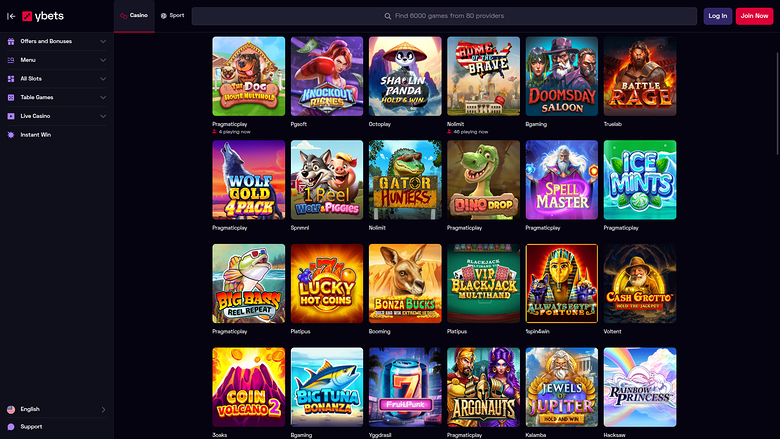 An online casino lobby screen showing a grid of game tiles under a Casino tab with a left sidebar menu and a search bar.