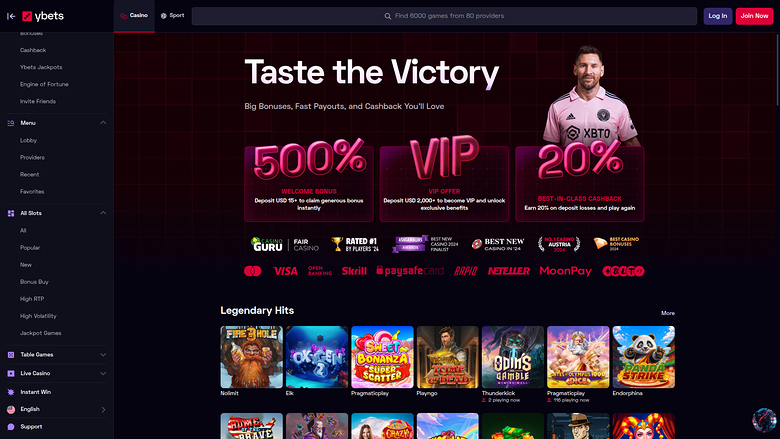 A dark-themed online casino lobby shows a hero banner with a footballer, three bonus offers, payment and award badges, and a 'Legendary Hits' game row.