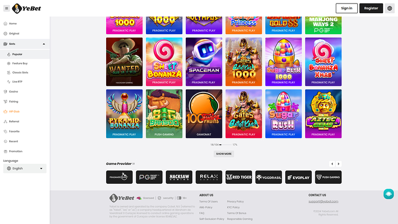 YeBet Casino — Games by studio