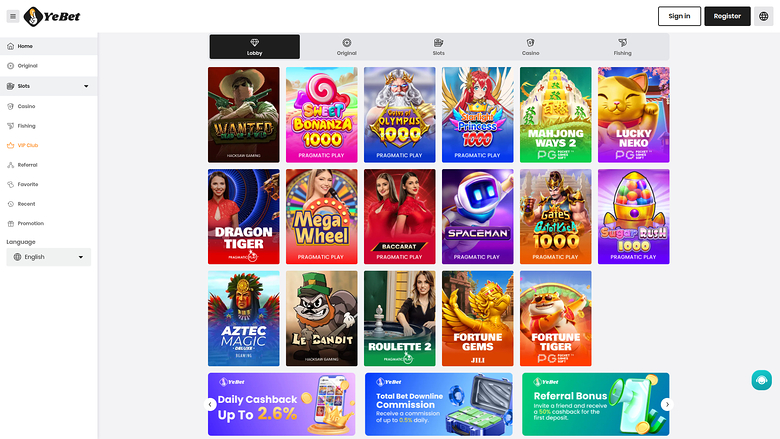 YeBet Casino — Games lobby