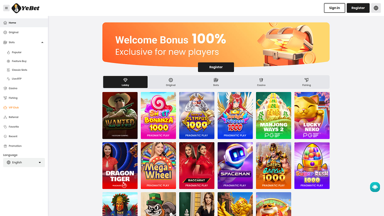 YeBet Casino — Homepage