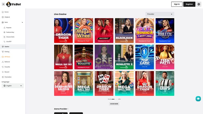 YeBet Casino — Live dealer lobby