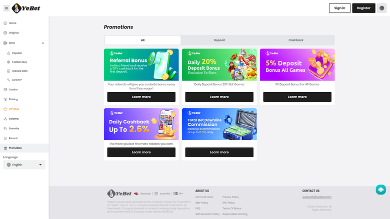 YeBet Casino — Promotions page