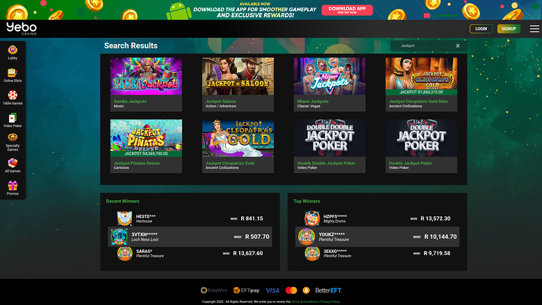 Yebo Casino — Jackpot games