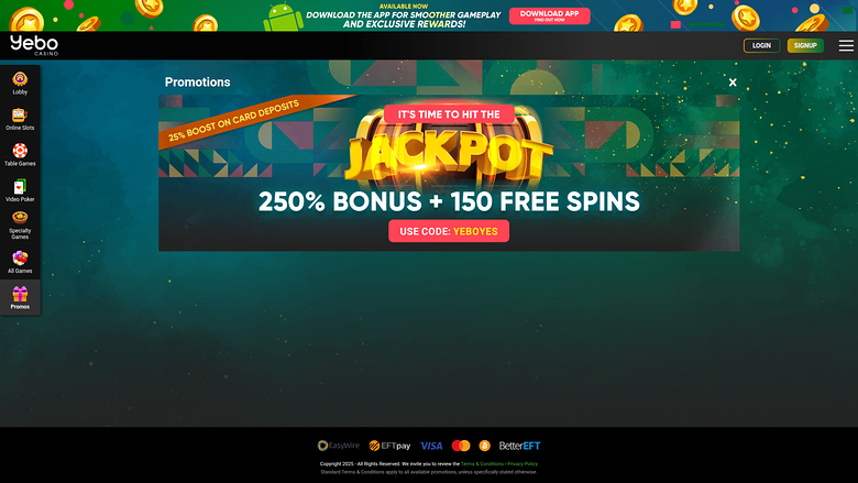 Yebo Casino — Promotions page