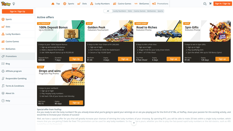 YesPlay Casino — Promotions page