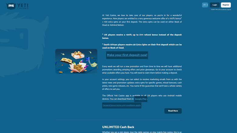 Yeti Casino — Promotions page