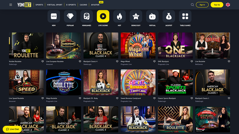 YoniBet Casino — Live dealer lobby