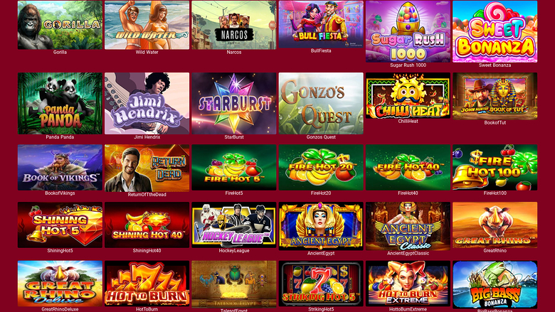A casino lobby screen showing a grid of game thumbnails with titles beneath each tile on a dark red background.