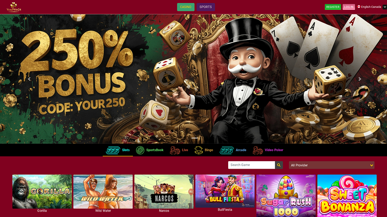 A casino homepage showing a 250% bonus hero banner with a top-hatted character, category tabs, a search bar and a row of game tiles.