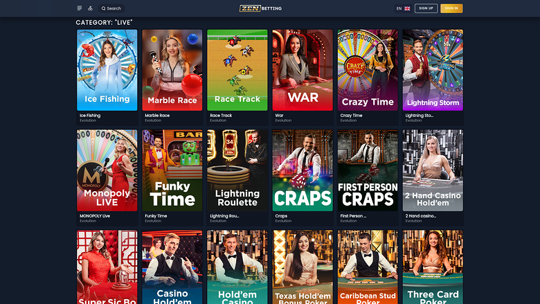 Zenbetting Casino — Live dealer lobby