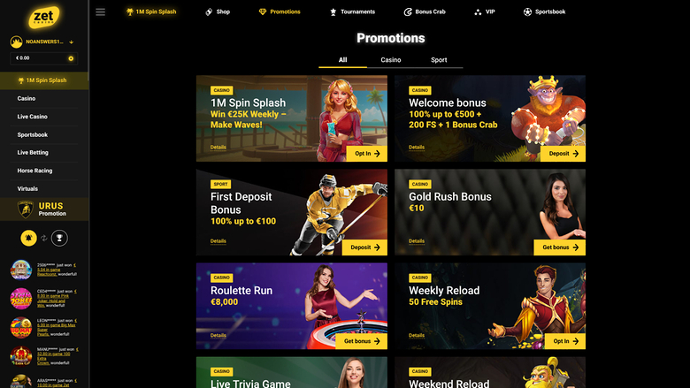 Zet Casino — Promotions page