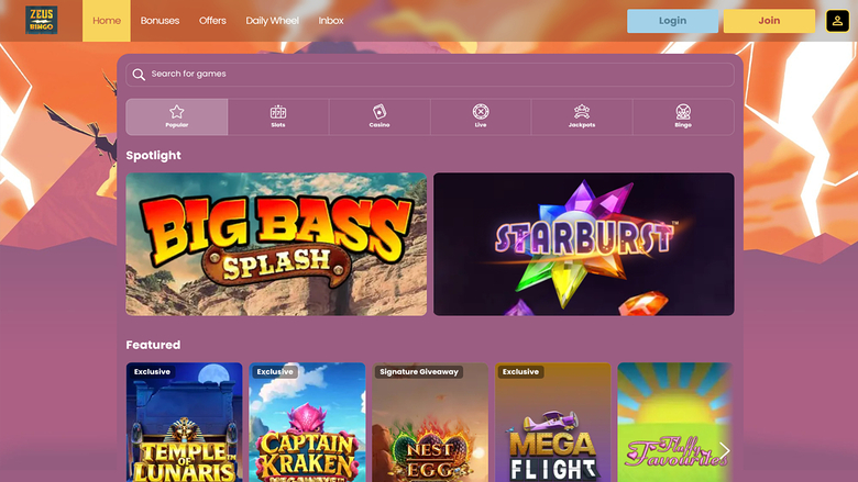 Zeus Bingo Casino — Games lobby