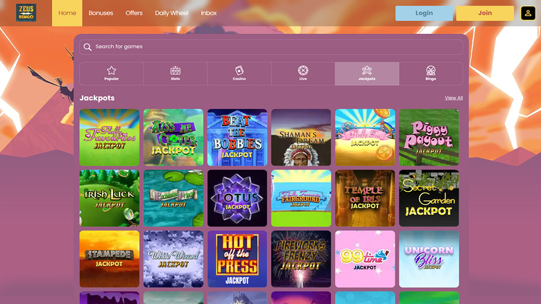 Zeus Bingo Casino — Jackpot games