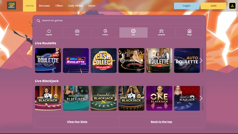 Zeus Bingo Casino — Live dealer lobby