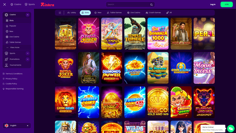 Zinkra Casino — Games lobby