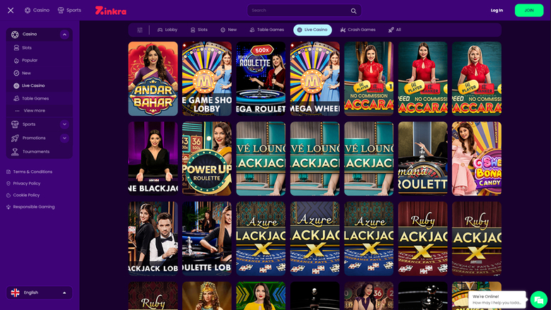Zinkra Casino — Live dealer lobby