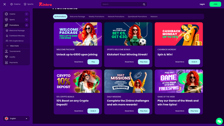 Zinkra Casino — Promotions page