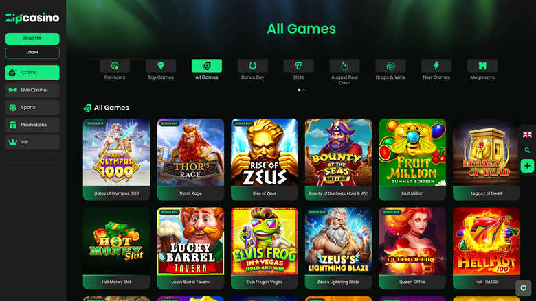 An online casino lobby screen titled All Games showing a grid of game tiles with a left sidebar menu and a top category bar.