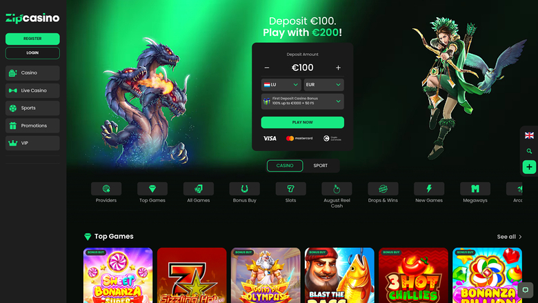 A casino homepage with a deposit bonus hero, a left sidebar menu, category icons and a Top Games row of slot tiles.