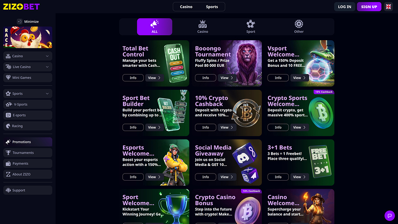 Zizobet Casino — Promotions page