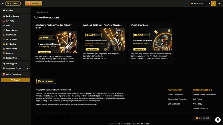 ZlatoBet Casino — Promotions page